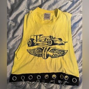 Yellow Graphic Indy 500 Tank Top with Chain Hem